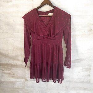 Entro Maroon Long-Sleeve Dress With Embroidered Stars Ruffle Detail & Sheer Slee